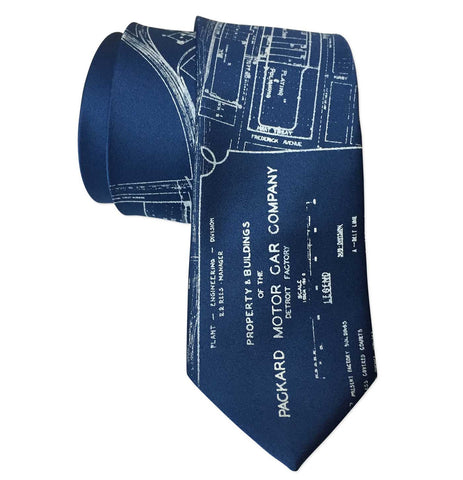 Packard Plant Engineering Blueprint Necktie, Platinum on French Blue Tie, by Cyberoptix