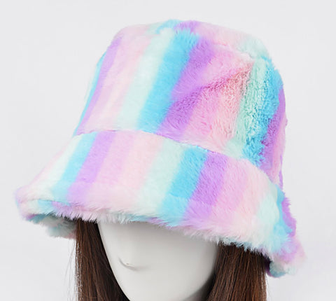 Pastel Striped Fuzzy Bucket Hat, Faux Fur