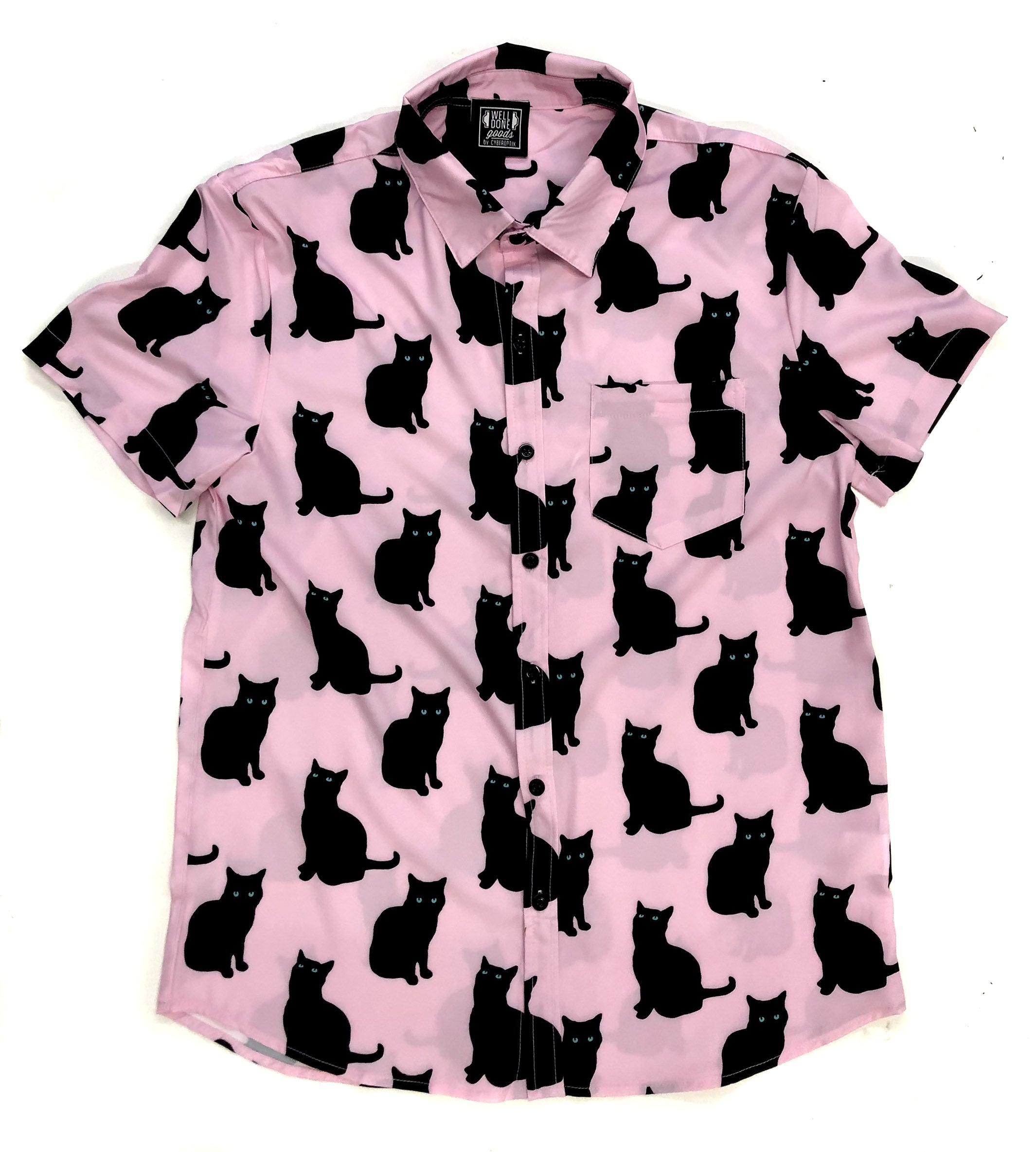 Black Cat Print Short Sleeve Button-up Shirt. Choose Cream, Pink