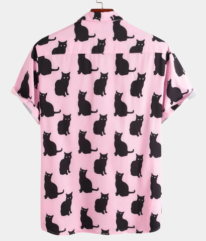 Black Cat Print Short Sleeve Button-up Shirt. Choose Cream, Pink, Cinnamon  or Yellow Button Up
