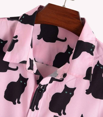 Black Cat Print Short Sleeve Button-up Shirt. Choose Cream, Pink, Cinnamon  or Yellow Button Up