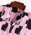 Black Cat Print Short Sleeve Button-up Shirt, pink detail