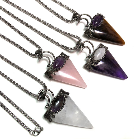 Polished Gemstone Triangle Pendant Necklaces: Amethyst, Rose Quartz, Tiger's Eye, Clear Quartz