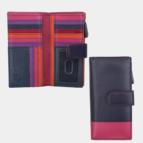 Large Purple Leather Purse Wallet, Multicolor Interior Stripe. Astra, by Primehide UK