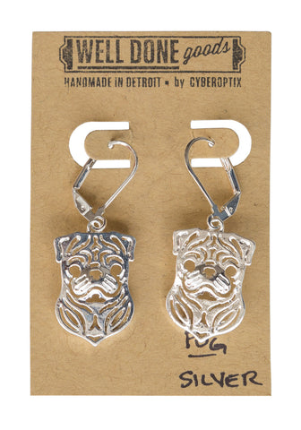 Pug Silver Dangle Earrings, Well Done Goods