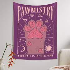 Cat Tarot Tapestry, Pawmistry. 39"x27" Purple with Gray Cat Fabric Wall Hanging