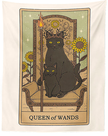 Cat Tarot Tapestry, The Queen Of Wands. 39"x27" Black Cat Fabric Wall Hanging