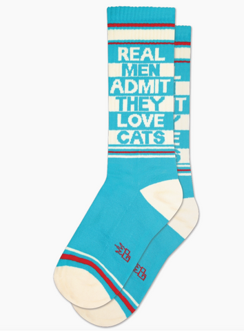 Real Men Admit They Love Cats. Gym Crew Socks, by Gumball Poodle. Made in USA!
