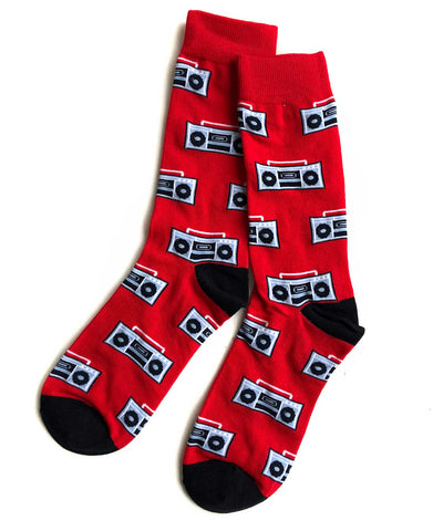Boombox Print Men's Socks, Red. Well Done Goods
