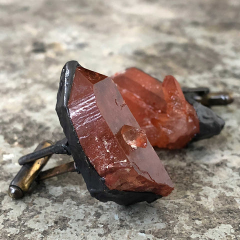 Red Hematoid Quartz Crystal Cufflinks, Oxidized Electroformed Copper