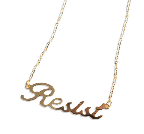 Resist Gold Script Necklace Pendant, by Well Done Goods