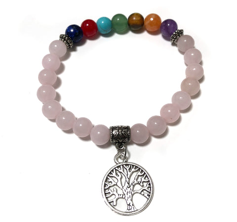 Rose Quartz Chakra Stone Bead Stretch Bracelet, Tree of Life accent charm