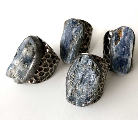 Rough Blue Kyanite Adjustable Stone Ring, Hammered Antique Silver