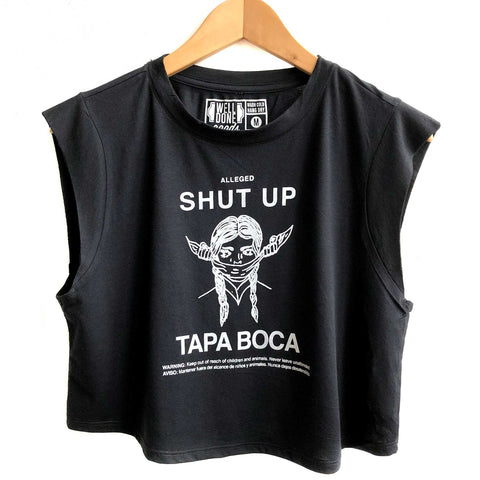 Shut Up! Gossip-Squashing Print Hoodoo Candle. Crop Top & Crop Muscle Shirt