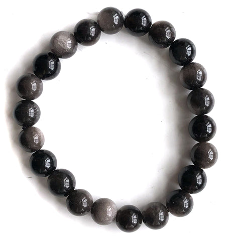 Silver Sheen Obsidian Stone Bead Mala Stretch Bracelet