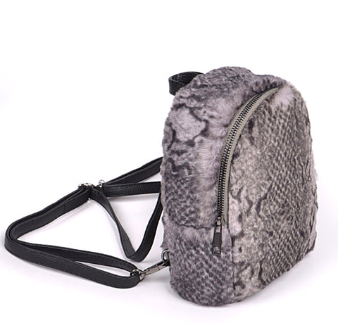 Snakeskin Print Mini Backpack, Silky Fuzzy Faux Fur