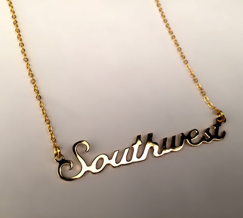Southwest script necklace, gold, by Well Done Goods. Handmade in detroit