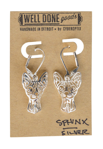 Sphinx Cat Silver Dangle Earrings, Well Done Goods
