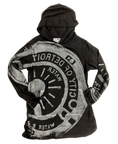 Manhole Cover Hacci Pullover Hoodie, Spirit of Detroit. Women's Cut Sweater, Black