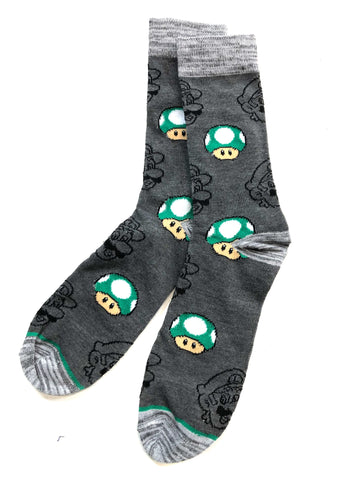 Luigi & 1 Up Mushroom Gamer Socks, Green/Heather Grey