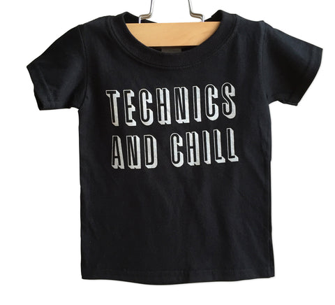 Technics and Chill Toddler T-Shirt, White on Black. Well Done Goods