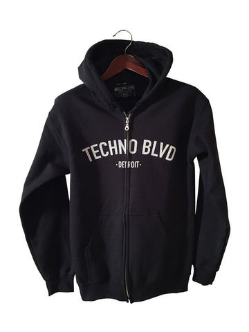 Techno Blvd Unisex Zip Up Hoodie, Black Detroit Techno hooded sweatshirt by Well Done Goods