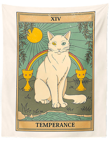 Cat Tarot Tapestry, Temperance. 39"x27" White Cat Fabric Wall Hanging