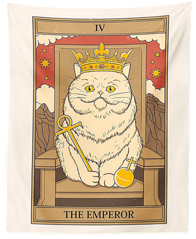 Cat Tarot Tapestry, The Emperor. 39"x27" Persian White Cat Fabric Wall Hanging
