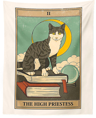 Cat Tarot Tapestry, The High Priestess. 39"x27" Tabby Cat Fabric Wall Hanging
