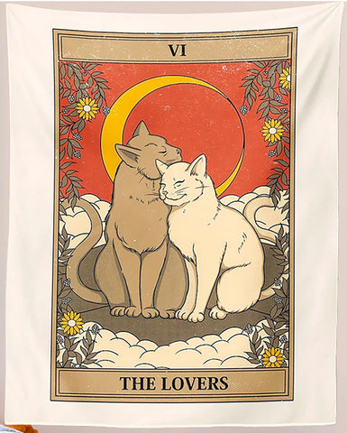 Cat Tarot Tapestry, The Lovers. 39"x27" Cat Fabric Wall Hanging