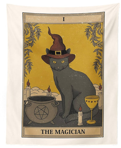 Cat Tarot Tapestry, The Magician. 39"x27" Black Cat Fabric Wall Hanging
