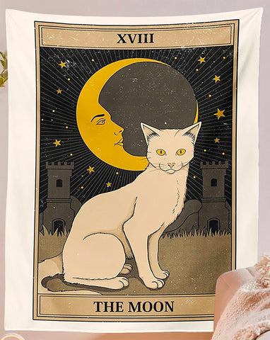 Cat Tarot Tapestry, The Moon. 39"x27" White Cat Fabric Wall Hanging