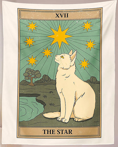 Cat Tarot Tapestry, The Star. 39"x27" White Cat Fabric Wall Hanging