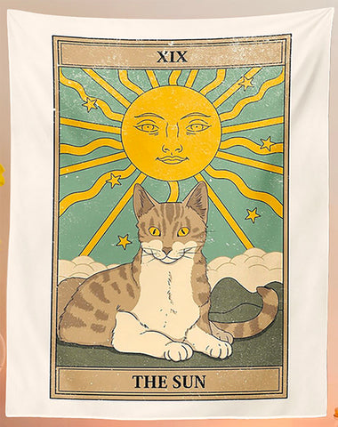 Cat Tarot Tapestry, The Sun. 39"x27" Tabby Cat Fabric Wall Hanging