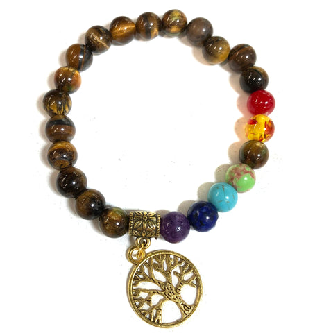 Tiger Eye 7 Chakra Stone Bead Stretch Bracelet, Tree of Life accent charm