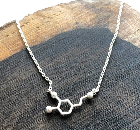 tiny brushed silver dopamine molectule necklace web large