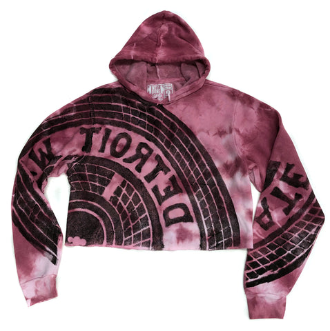 Raspberry Tie Dye Manhole Cover Women's Cropped Pullover Hoodie - Detroit Tire Print. LIMITED EDITION!