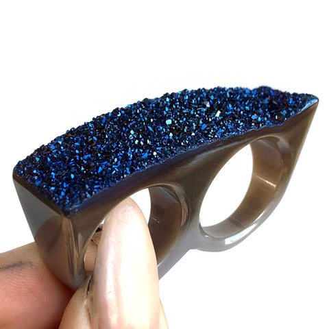 Two Finger Knuckle Duster Ring. Iridescent Blue Druzy, Carved Stone Ring