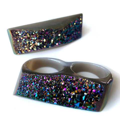 Two Finger Knuckle Duster Ring, Rainbow Iridescent Druzy. Size 8.5/9.75