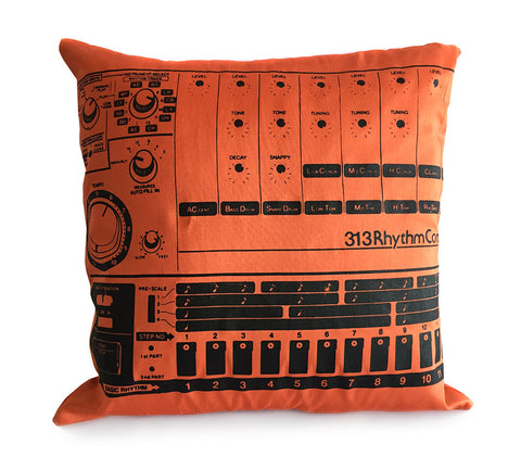 808 Drum Machine Throw Pillow, orange. Well Done Goods by Cyberoptix