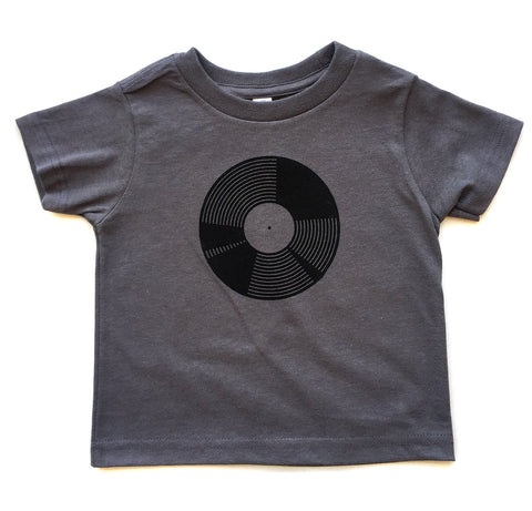 Vinyl Record Toddler T-Shirt, black on gray. Well Done Goods
