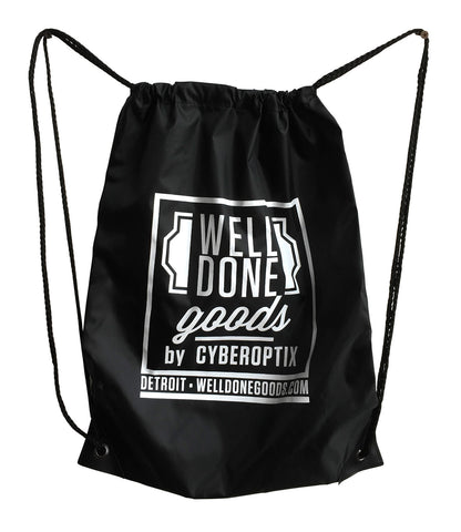 Well Done Goods Black Nylon Drawcord Bag. WDG logo