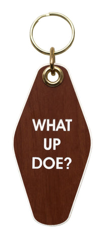 What Up Doe Motel Style Keychain Tag, Dark Woodgrain and White, by Well Done Goods