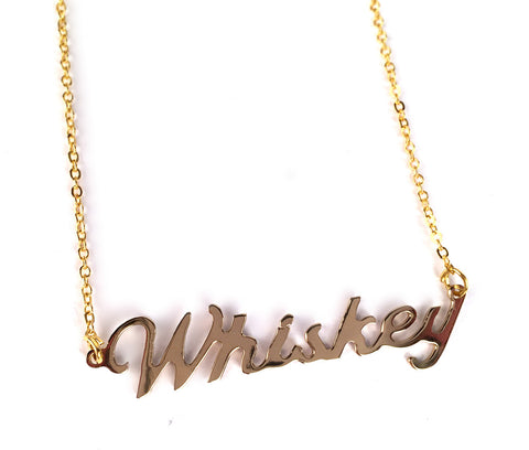 Gold Whiskey Script Necklace, Tasty Vices Theme Pendant, by Well Done Goods