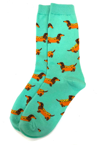 Wiener Dog Print Socks, Dachshund in Buns. Seafoam