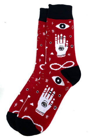 Witchy Psychic Palm Reader Socks, Dark Red